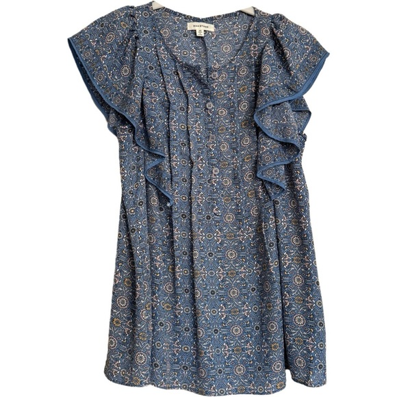 Max Studio Blouse XS Blue White Floral Ruffle Cap Sleeves Button Detailed Shirt - Picture 1 of 15